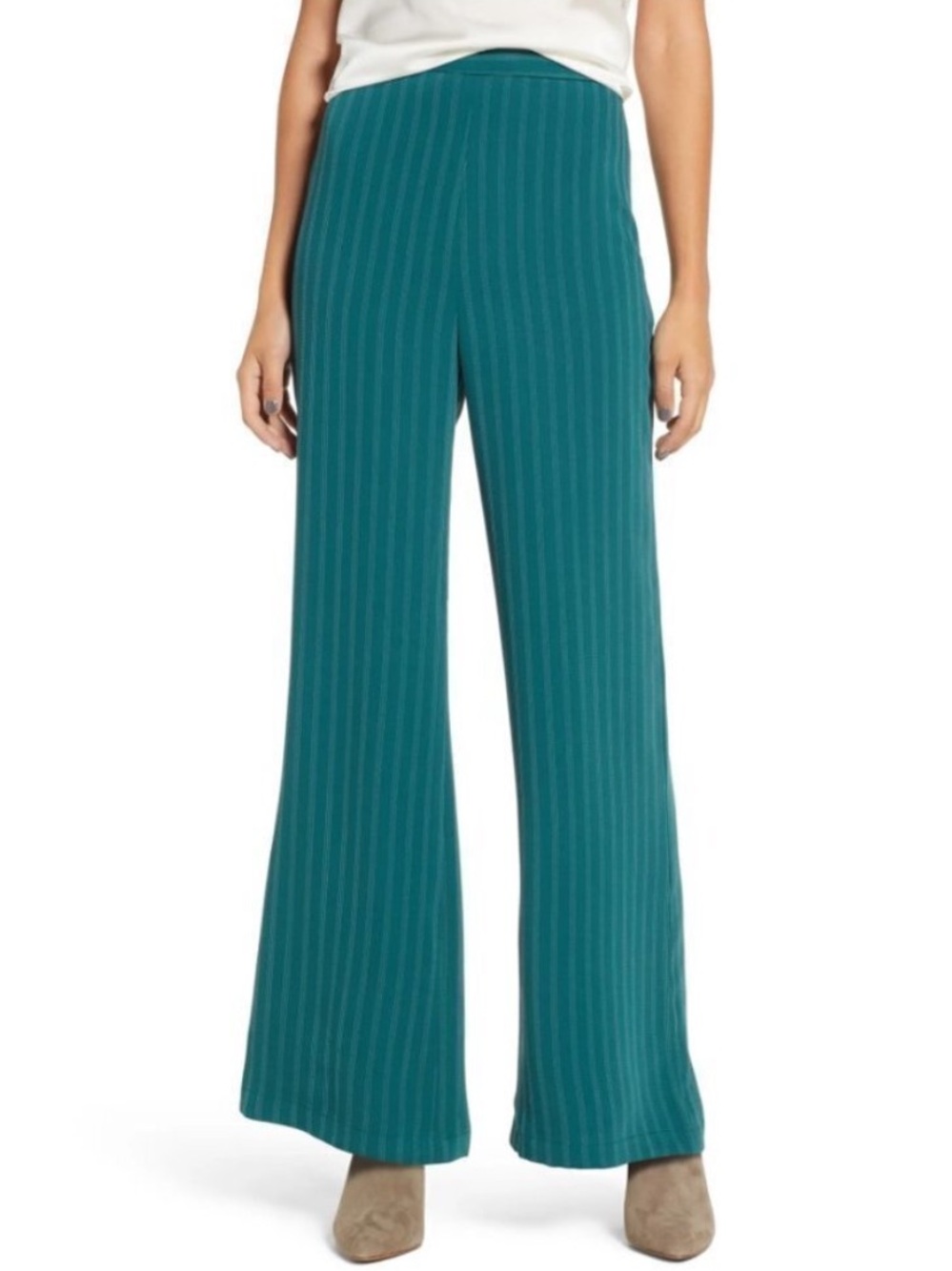 Leith Green Pinstriped High Rise Wide Leg Crop Trouser Pants